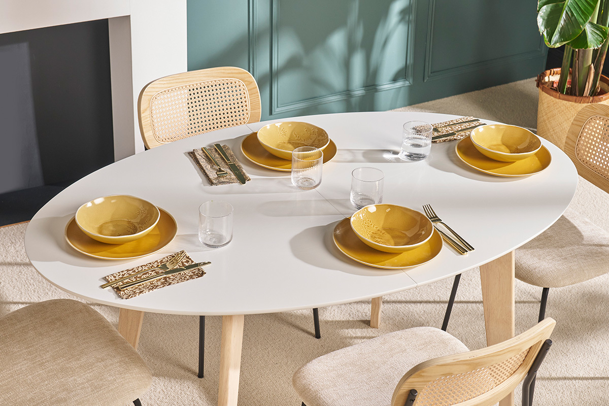 Mesa extensible oval blanca y madera clara L150-200 LEENA