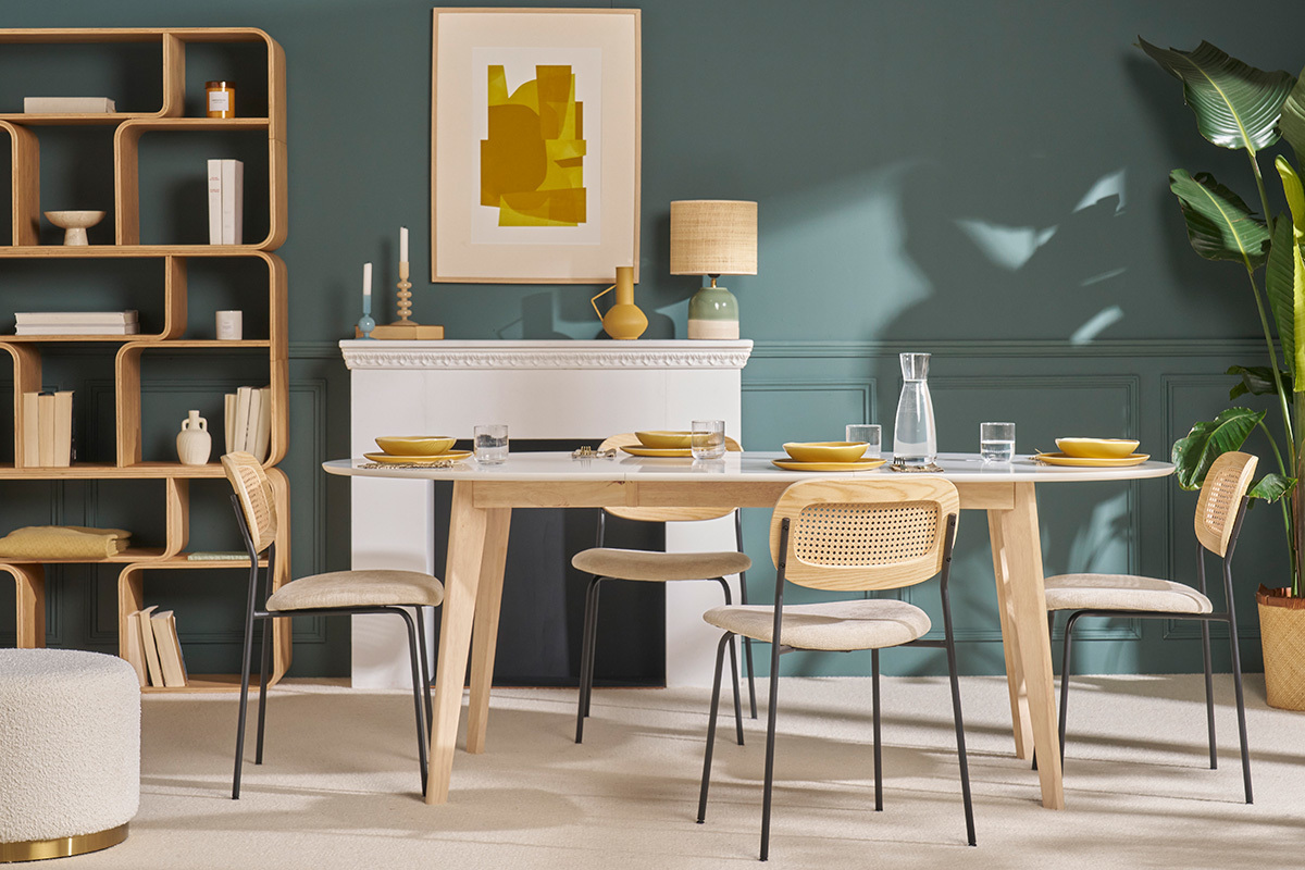 Mesa extensible oval blanca y madera clara L150-200 LEENA