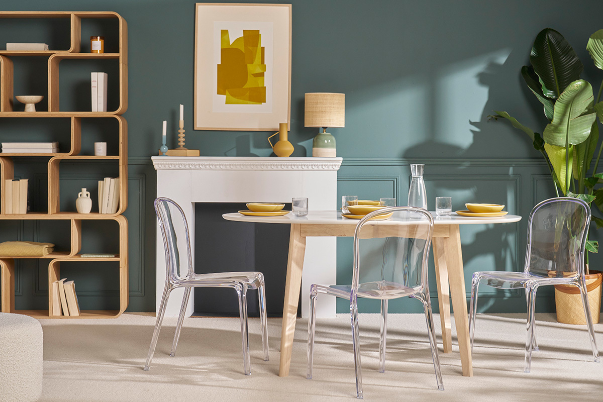 Mesa extensible oval blanca y madera clara L150-200 LEENA