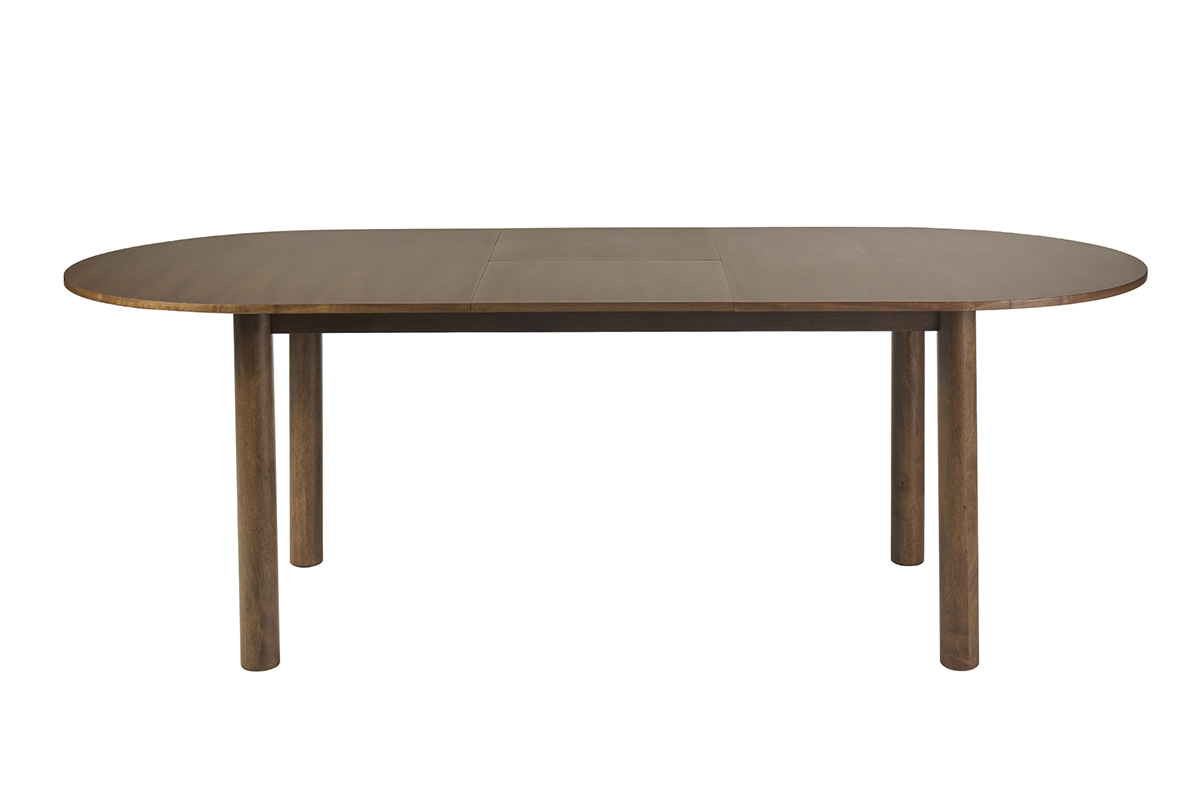 Mesa extensible ovalada de madera de nogal oscuro, vista frontal, longitud L180-230 cm.