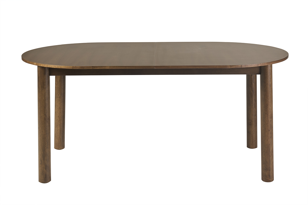 Mesa extensible ovalada de madera oscura nogal, vista de perfil