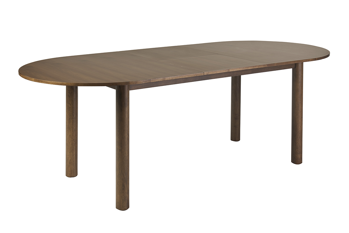 Mesa extensible ovalada de madera oscura nogal, vista en 3/4, dimensiones L180-230 cm.