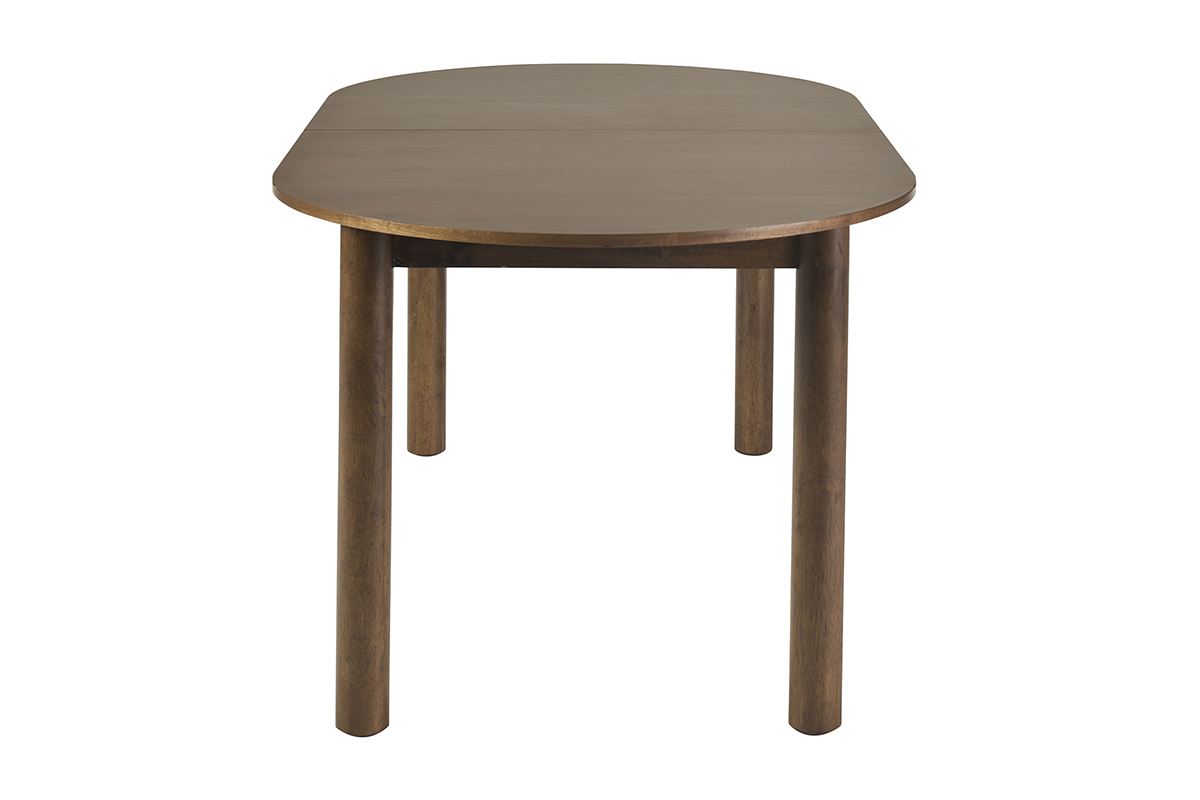 Mesa extensible ovalada de madera de nogal oscuro, vista de perfil, dimensiones L180-230 cm.