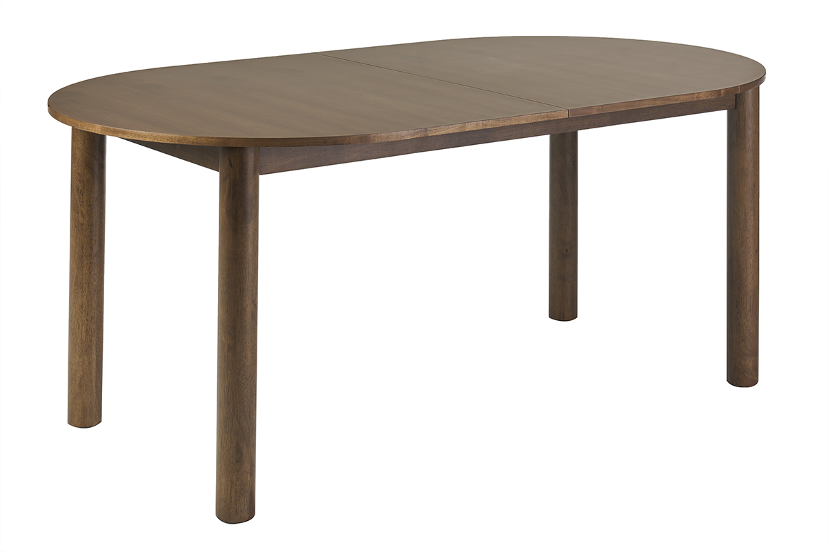 Mesa extensible ovalada de madera de nogal oscuro, vista en tres cuartos