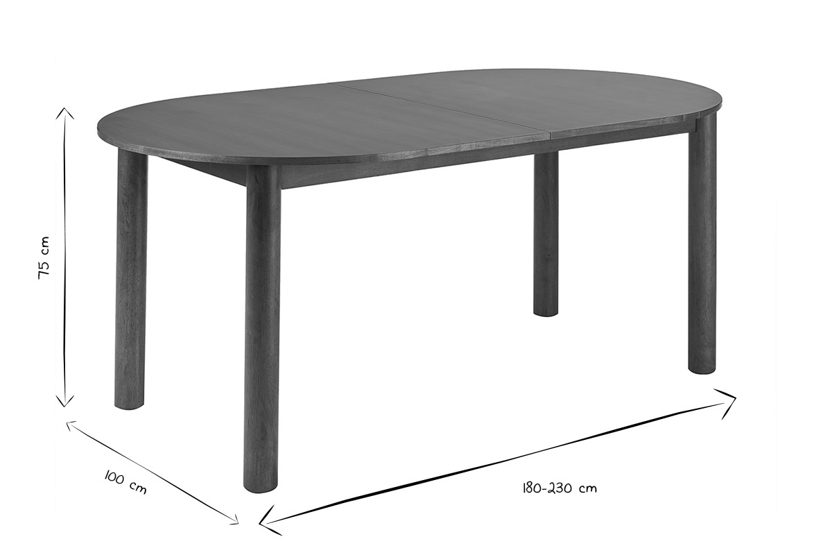 Dimensiones de la mesa extensible ovalada de madera oscura, L180-230 cm, P100 cm, H75 cm