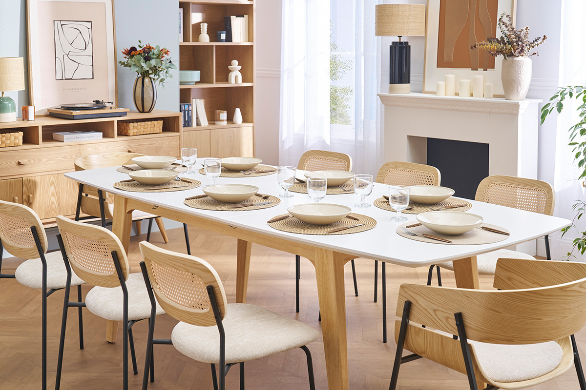 Mesa extensible rectangular de madera blanca y roble claro de 180-230 cm FIFTIES con extensiones integradas