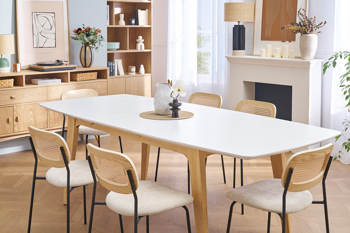 Mesa extensible rectangular de madera blanca y roble claro de 180-230 cm FIFTIES con extensiones integradas