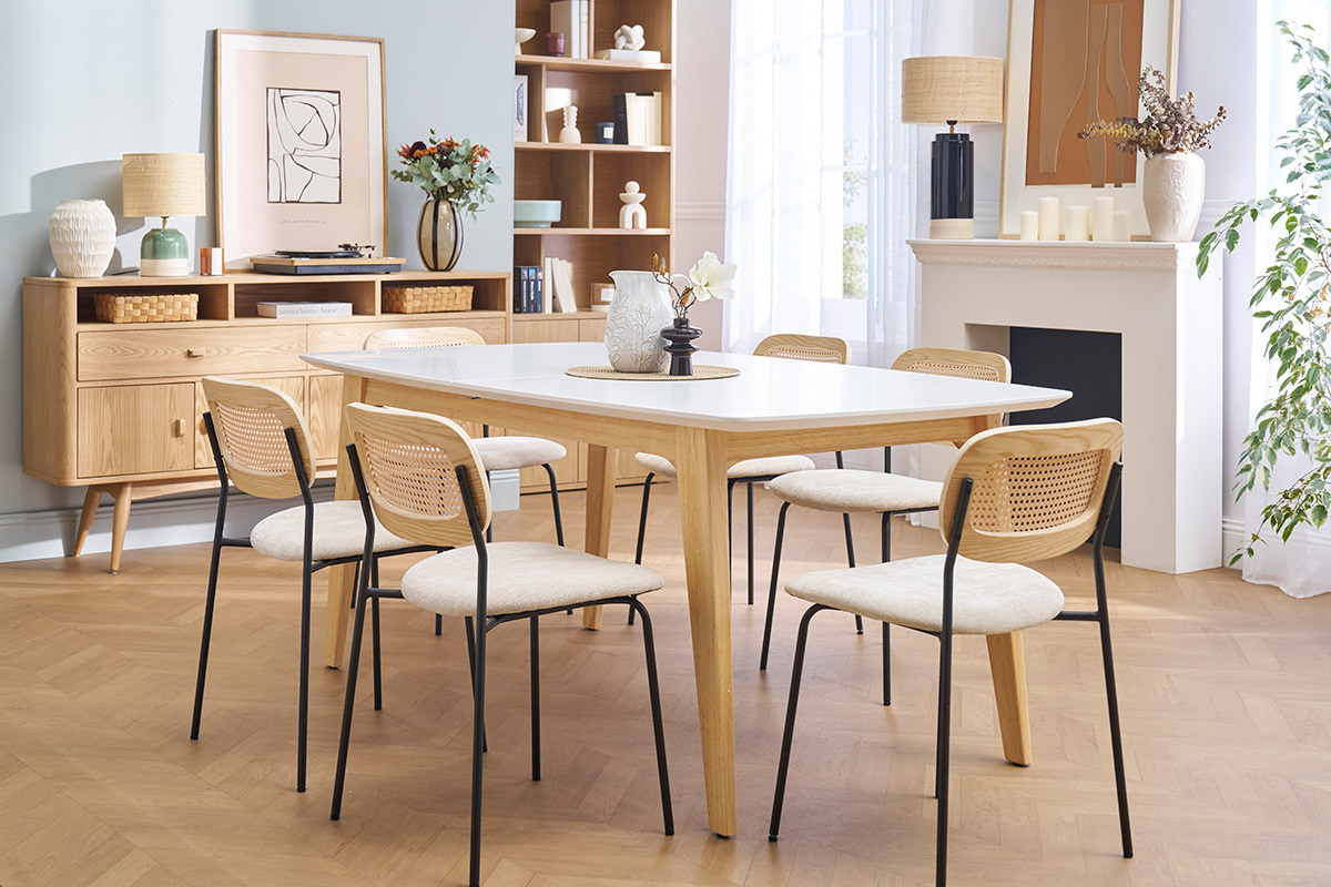 Mesa extensible rectangular de madera blanca y roble claro de 180-230 cm FIFTIES con extensiones integradas