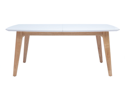 Mesa extensible rectangular de madera blanca y roble claro de 180-230 cm FIFTIES con extensiones integradas