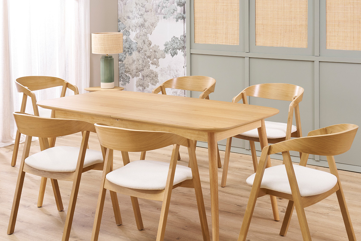 Mesa rectangular extensible con extensiones integradas de madera de roble claro 160-210 cm ANK