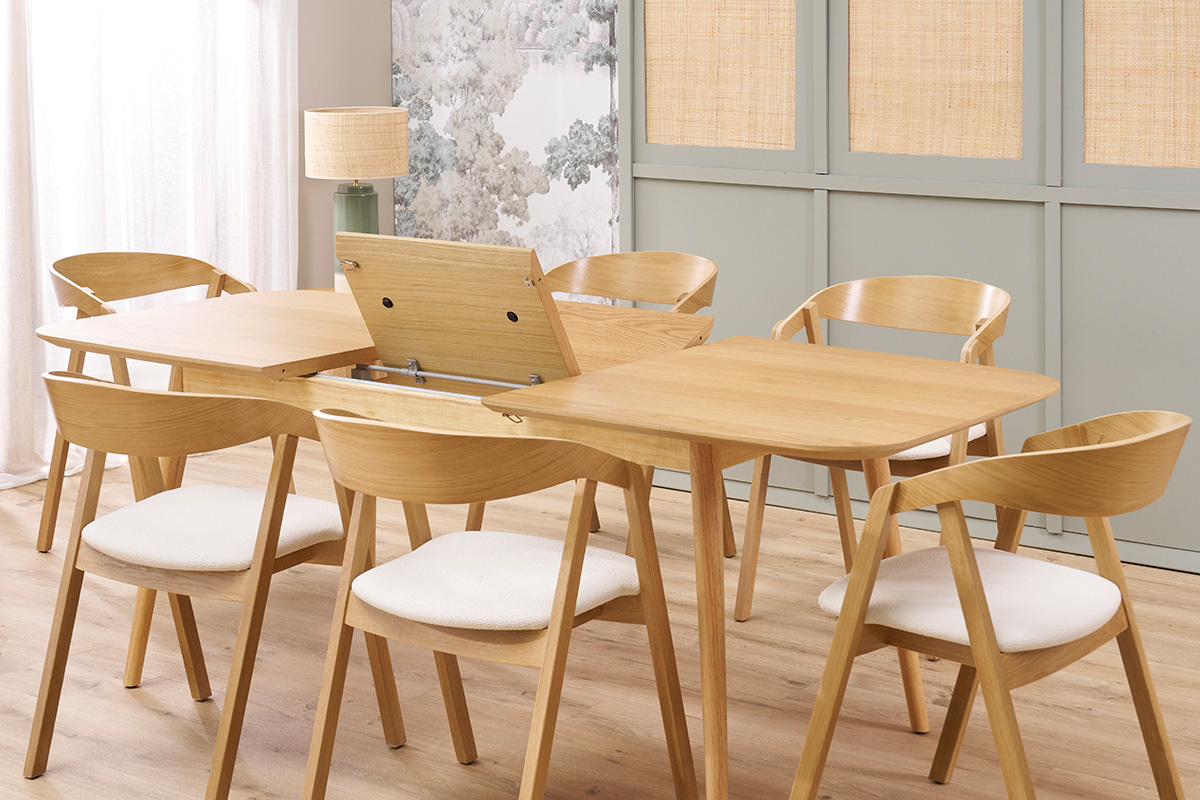 Mesa rectangular extensible con extensiones integradas de madera de roble claro 160-210 cm ANK
