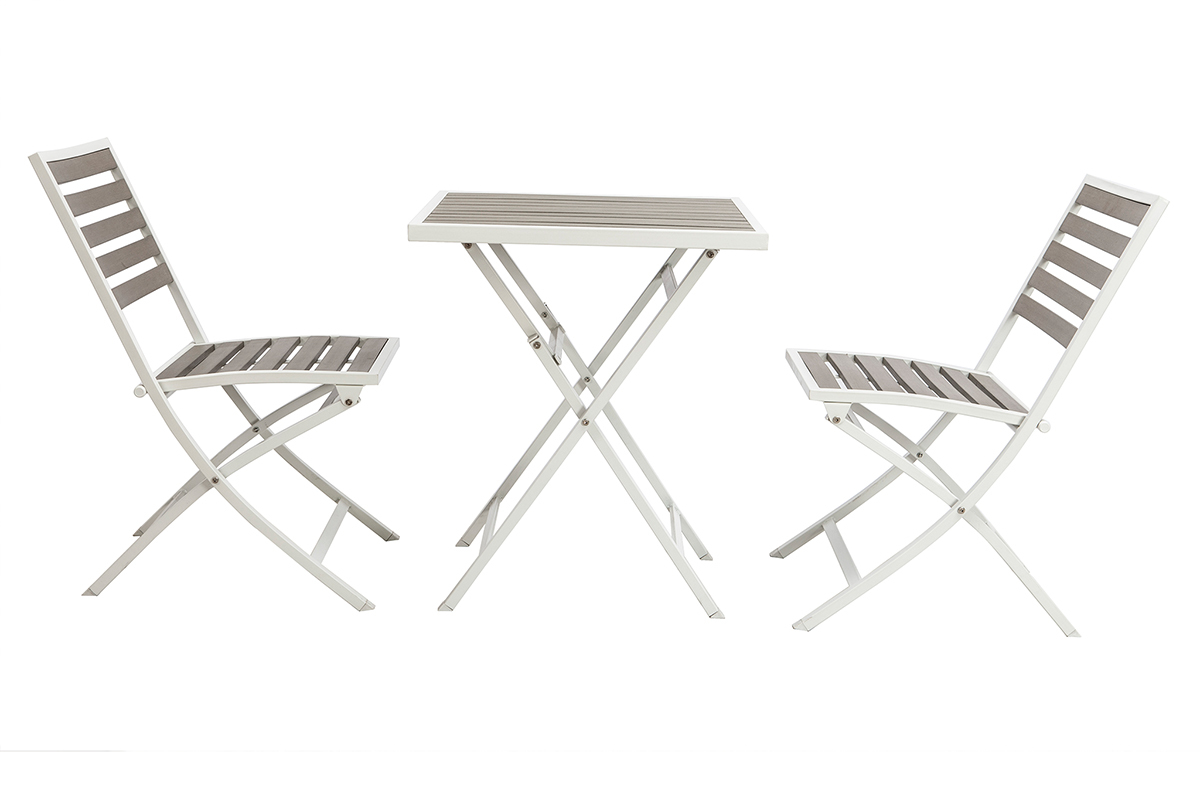 Mesa y 2 sillas plegables blanco y gris MOJITO