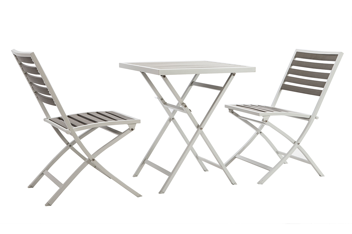 Mesa y 2 sillas plegables blanco y gris MOJITO