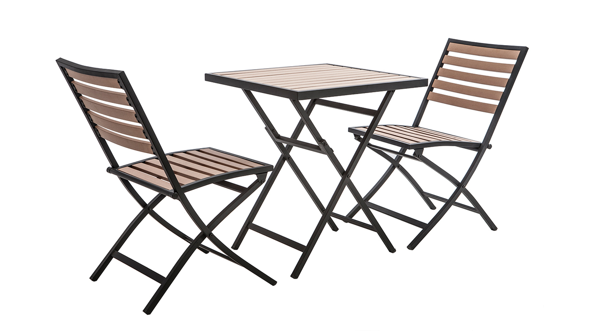 Mesa y 2 sillas plegables negro y madera MOJITO
