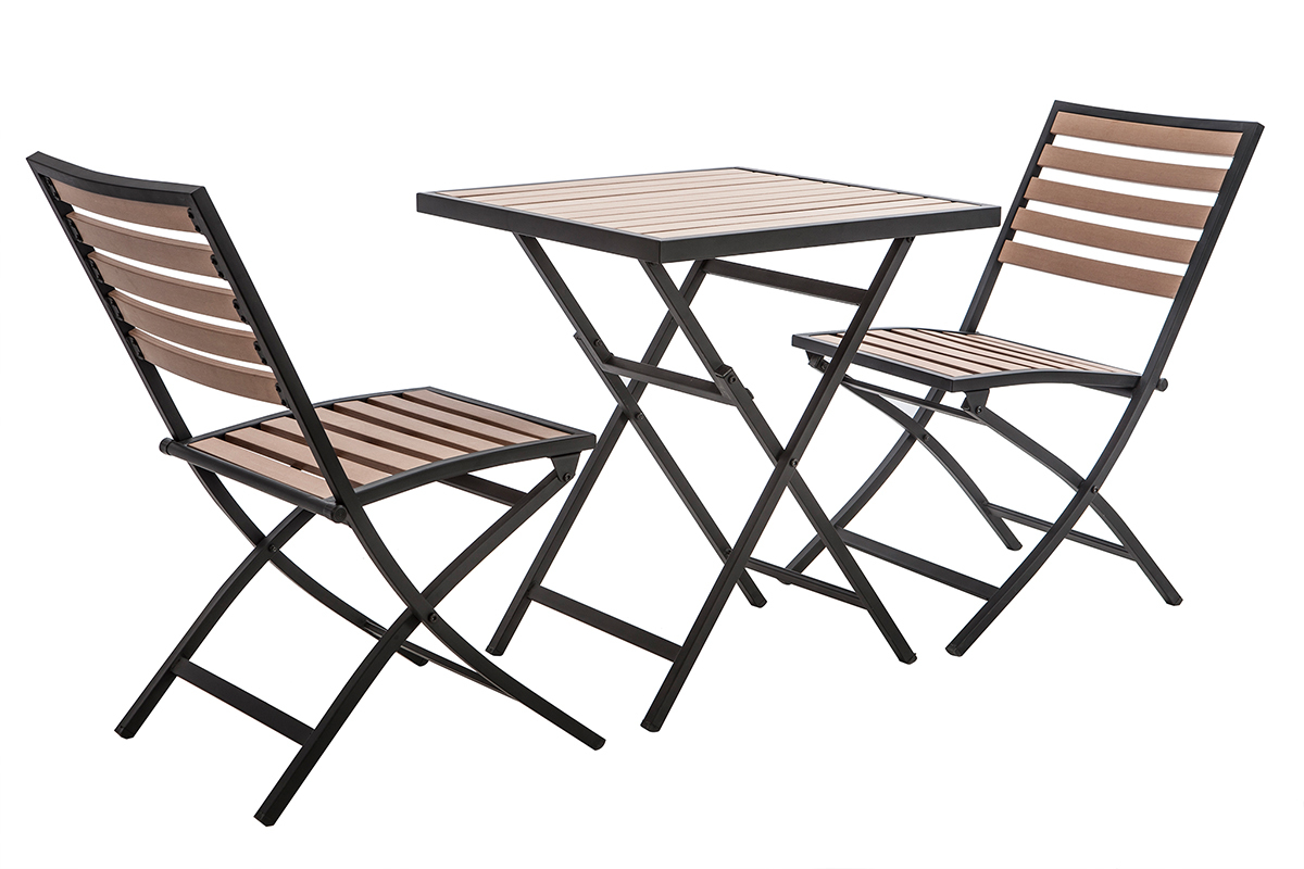 Mesa y 2 sillas plegables negro y madera MOJITO