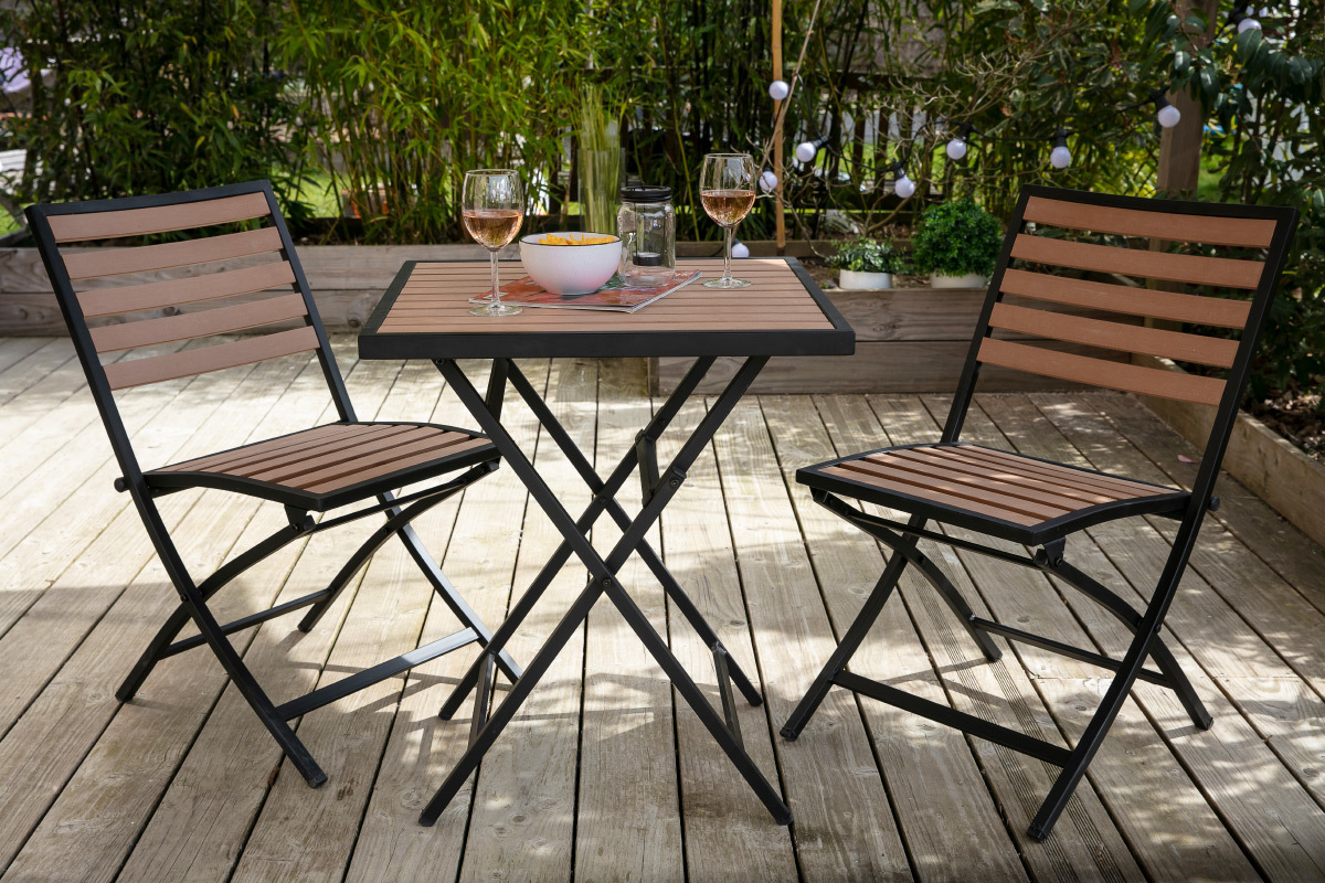 Mesa y 2 sillas plegables negro y madera MOJITO