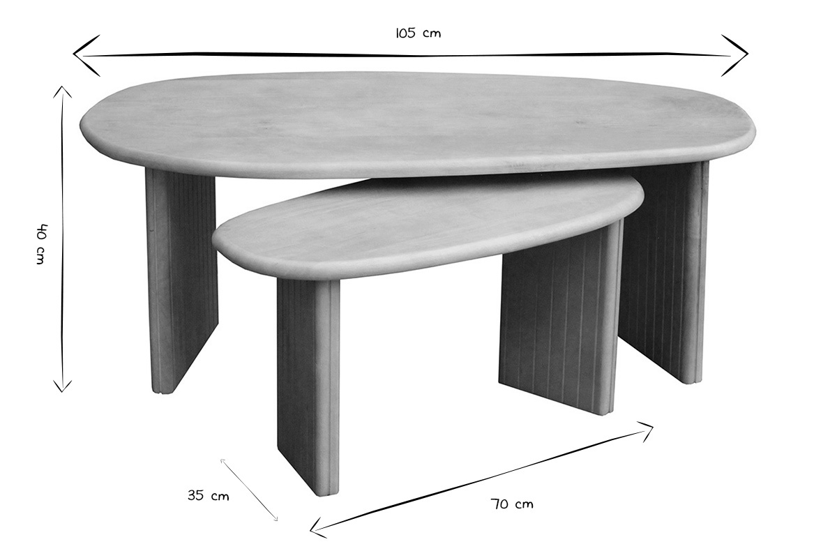 Dimensiones de las mesas de centro nido en blanco y negro: 105 cm x 70 cm x 40 cm y 35 cm