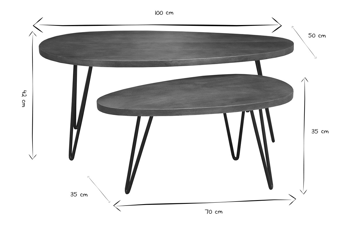 Dimensiones de las mesas auxiliares nido en blanco y negro: 100x50 cm y 70x35 cm.