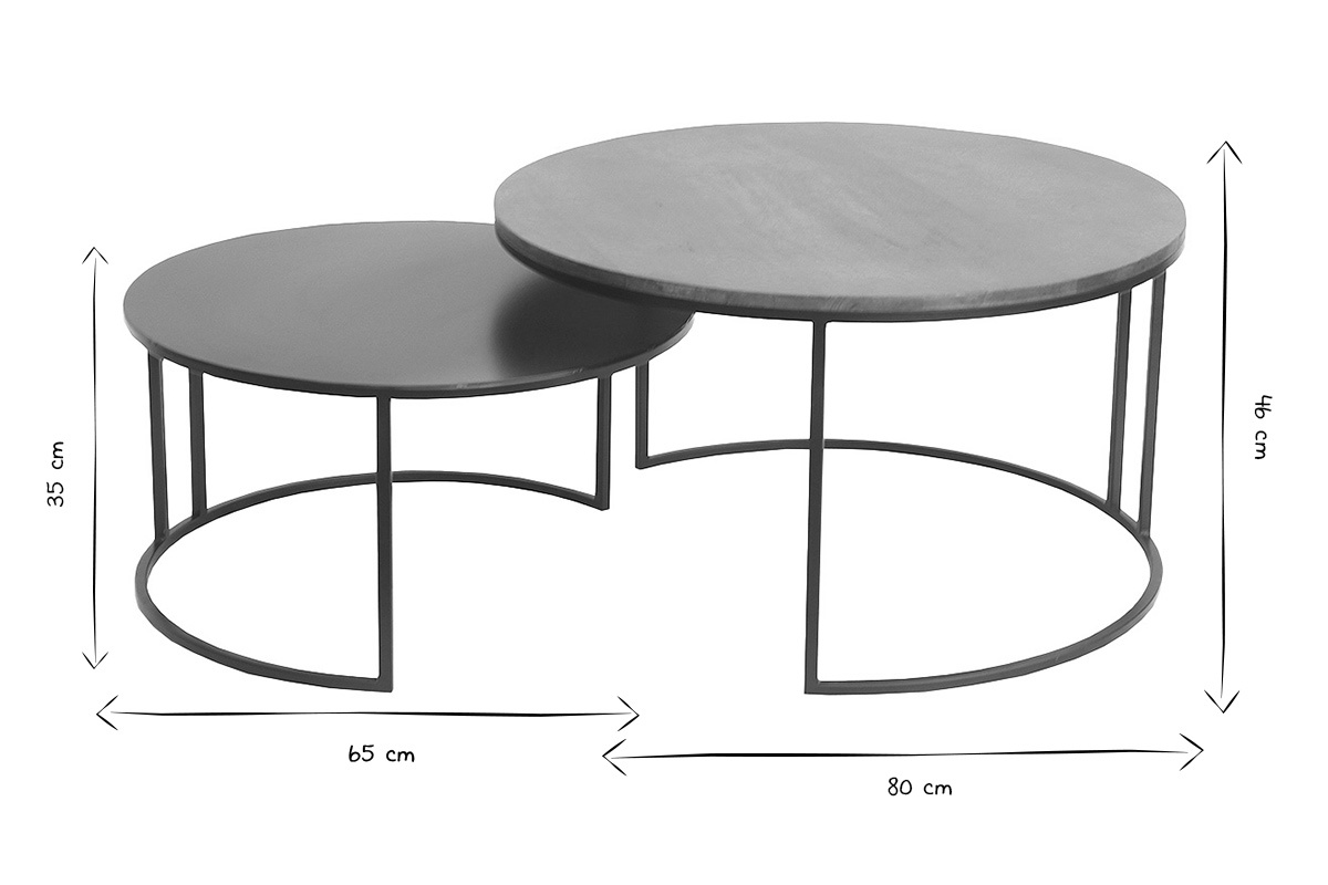 Dimensiones en blanco y negro de las mesas de centro nido TAHL: 65x65x35 cm y 80x80x46 cm.