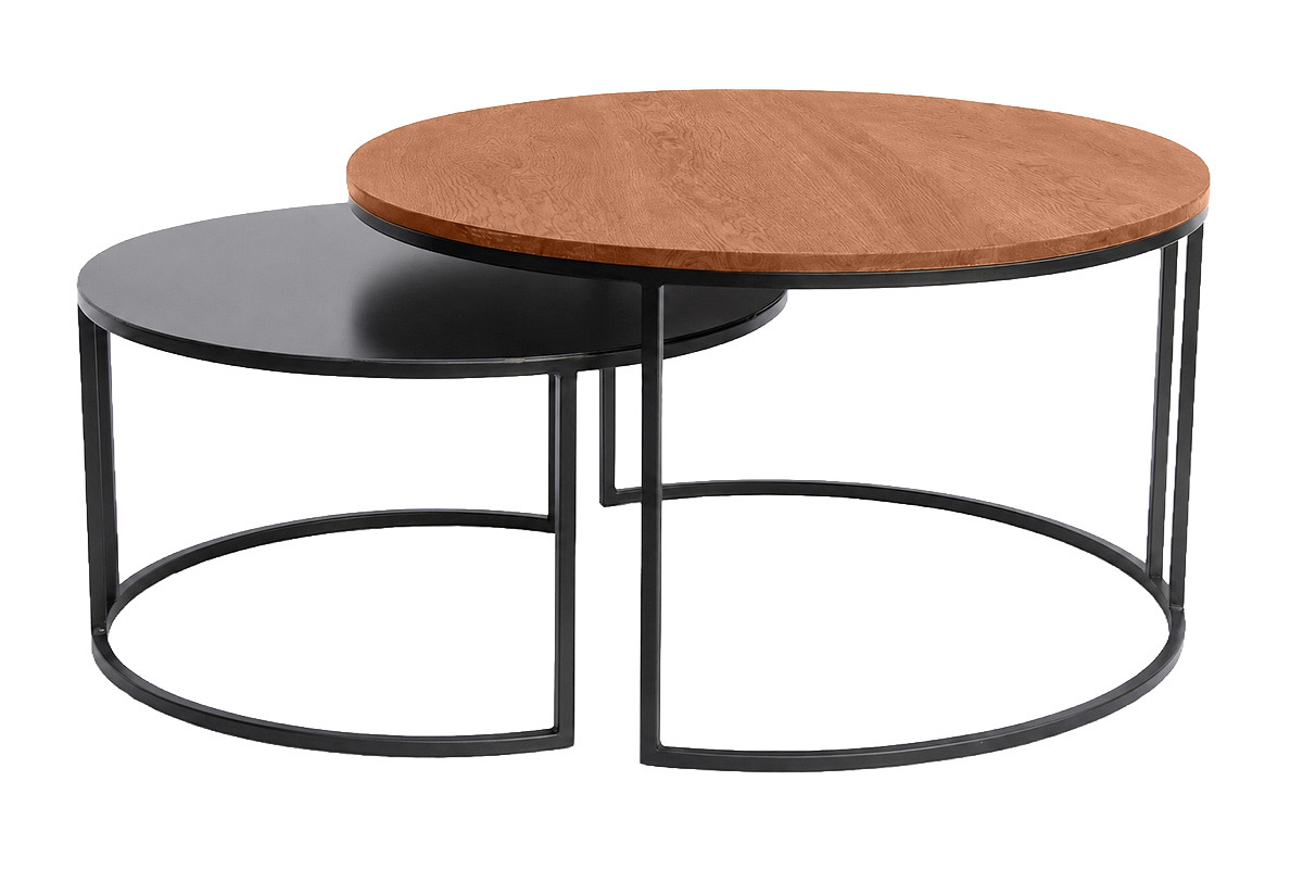 Mesas bajas nido redondas de madera de mango maciza te�ida y metal negro (juego de 2) TAHL
