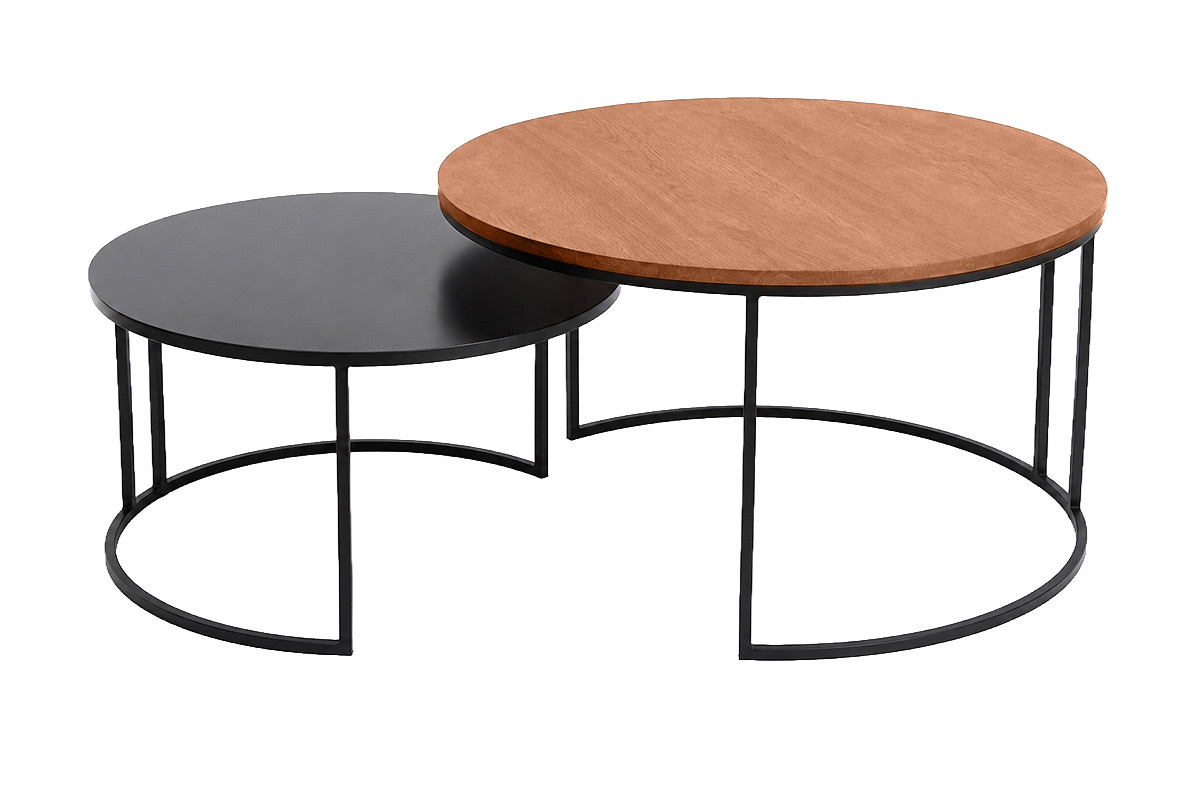 Mesas bajas nido redondas de madera de mango maciza te�ida y metal negro (juego de 2) TAHL