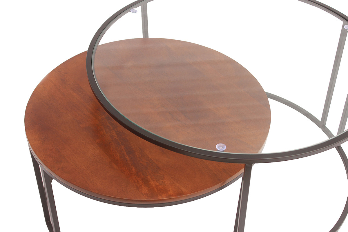 Mesas bajas nido redondas de vidrio templado, madera maciza de mango te�ida y metal negro (juego de 2) TAHL