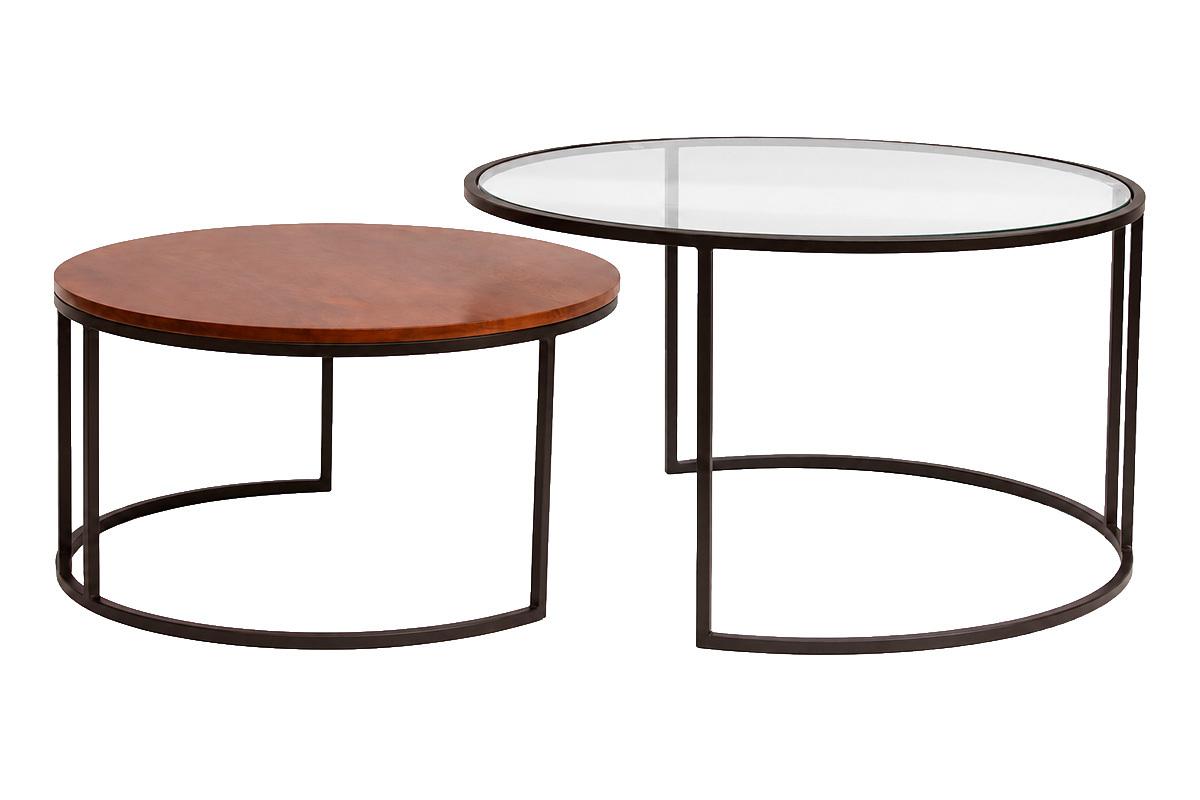 Mesas bajas nido redondas de vidrio templado, madera maciza de mango te�ida y metal negro (juego de 2) TAHL