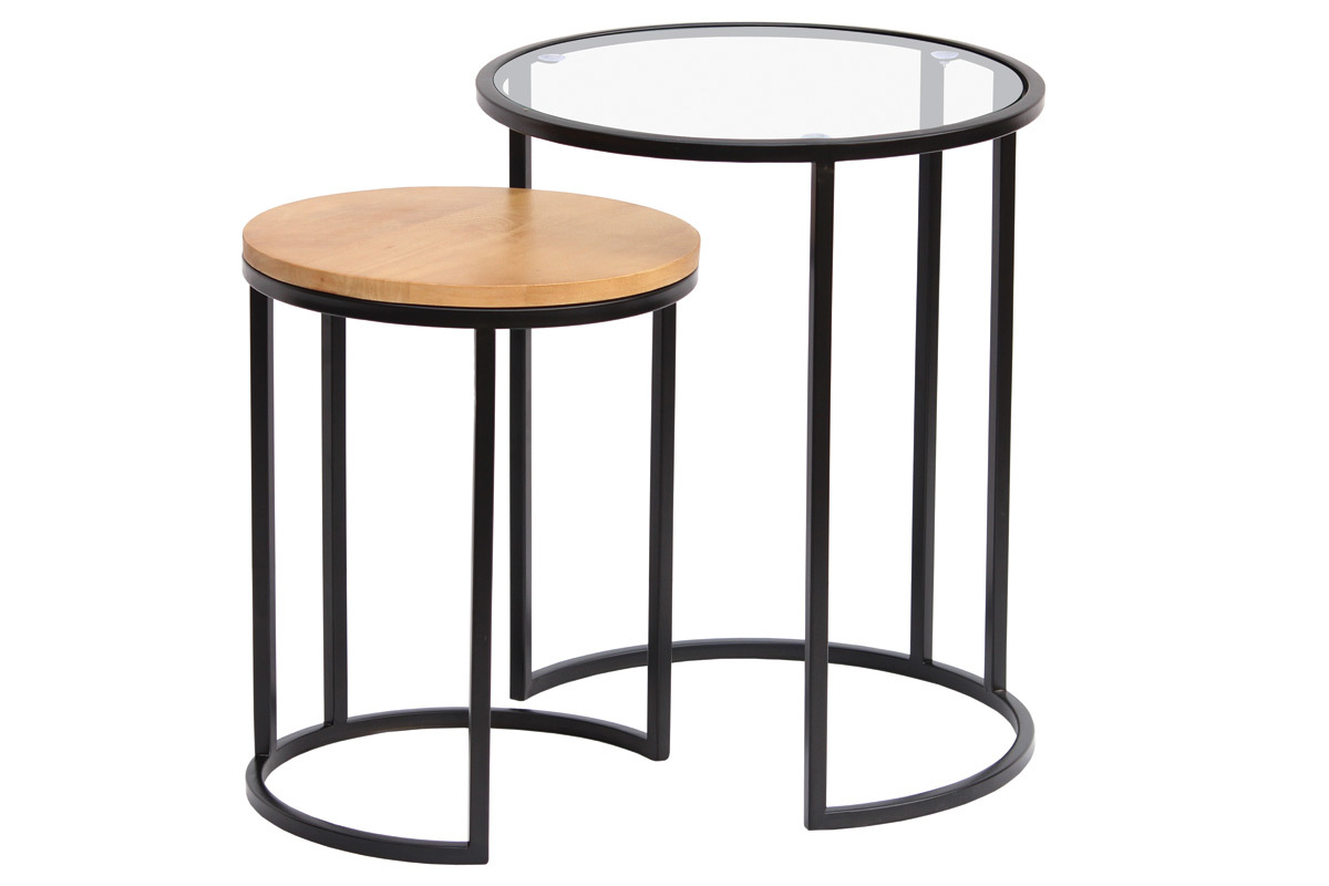 Mesas nido auxiliares de cristal templado y madera de mango maciza TAHL