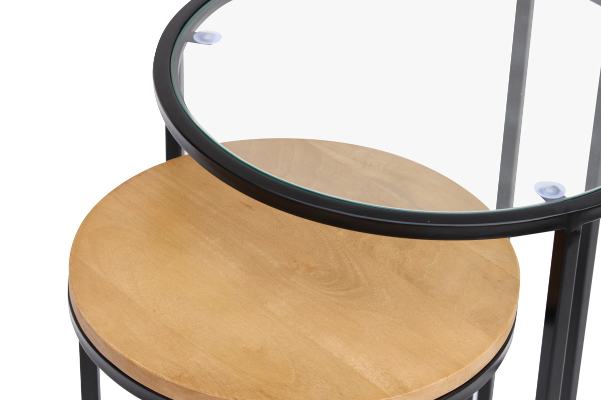Mesas nido auxiliares de cristal templado y madera de mango maciza TAHL