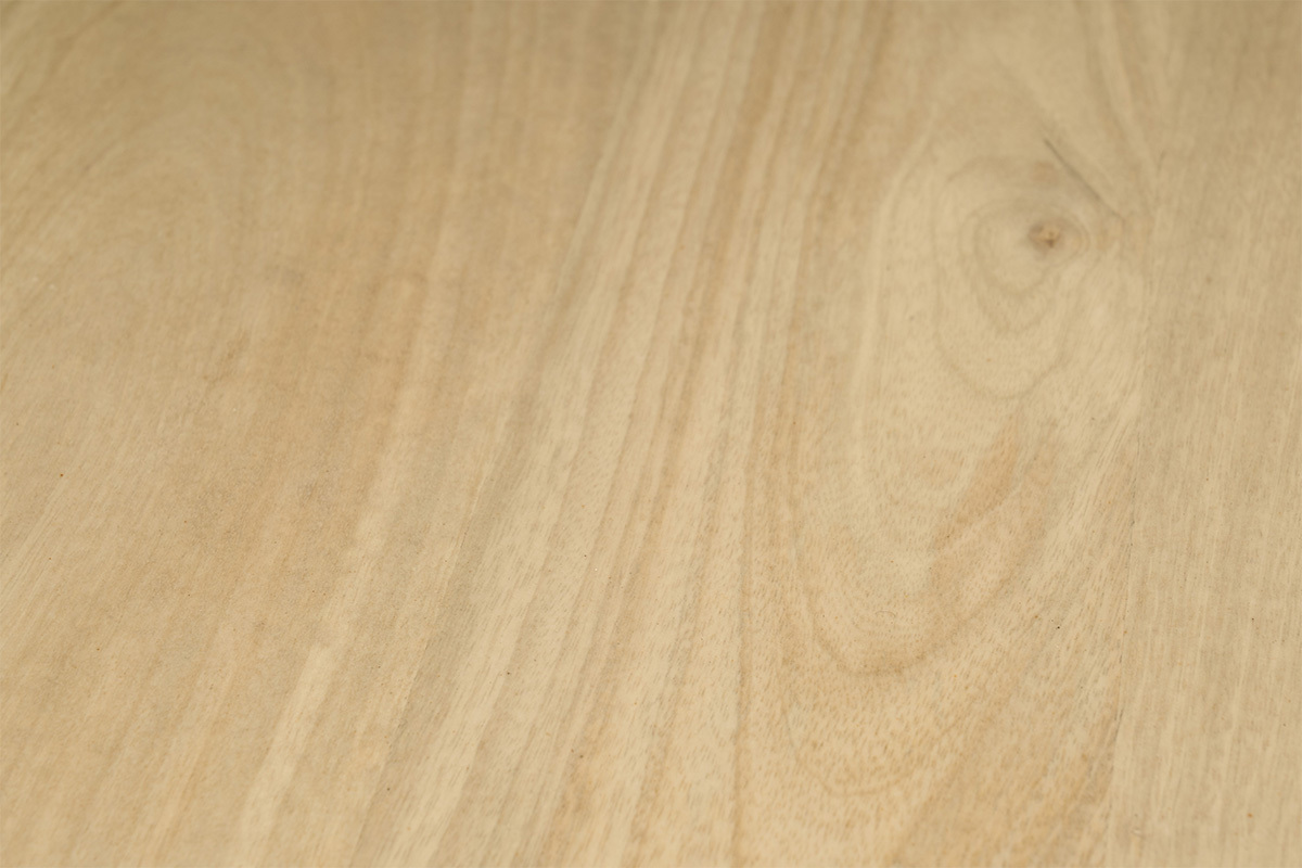 Primer plano de la bandeja de madera de mango macizo de una mesa baja.