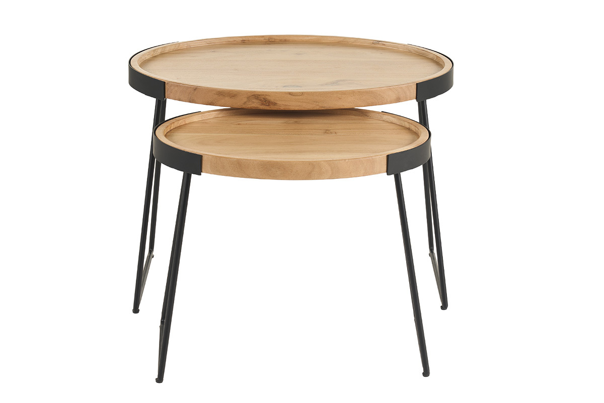 Lote de 2 mesas bajas de madera maciza con patas de metal negro, vista frontal.