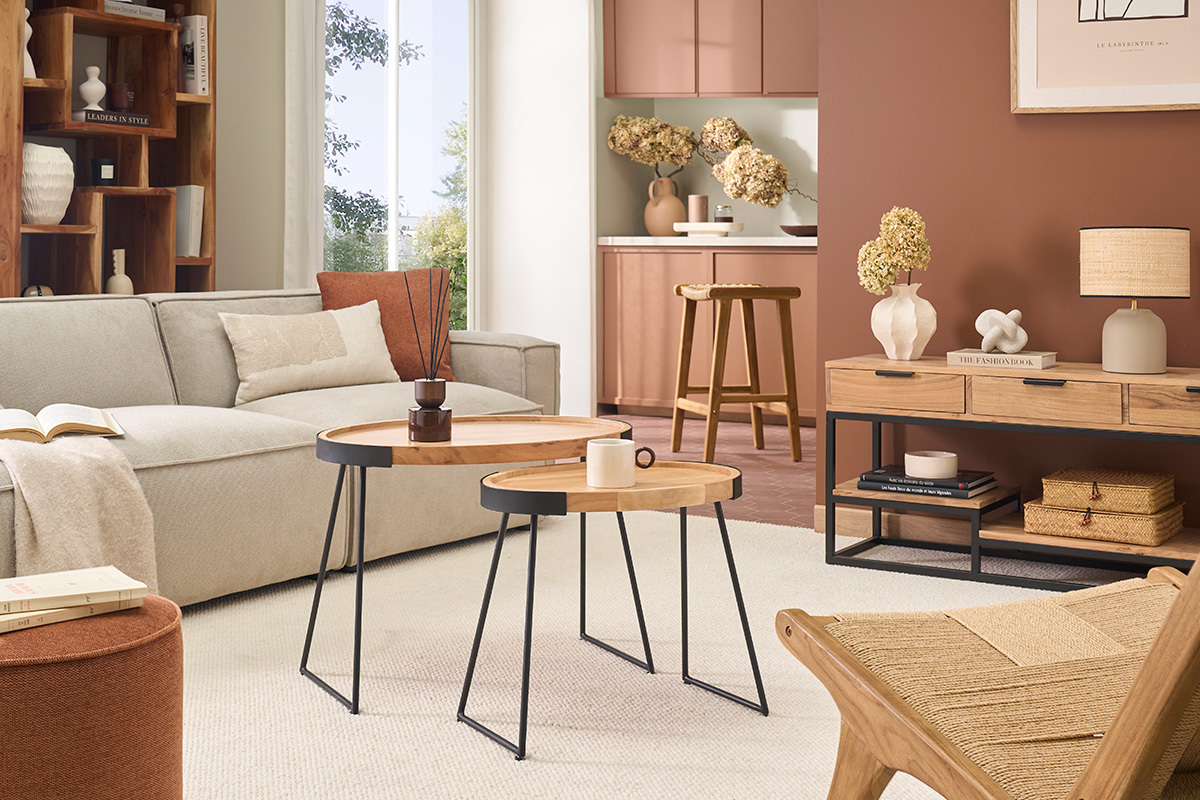 Mesas nido metal y acacia ELAVO