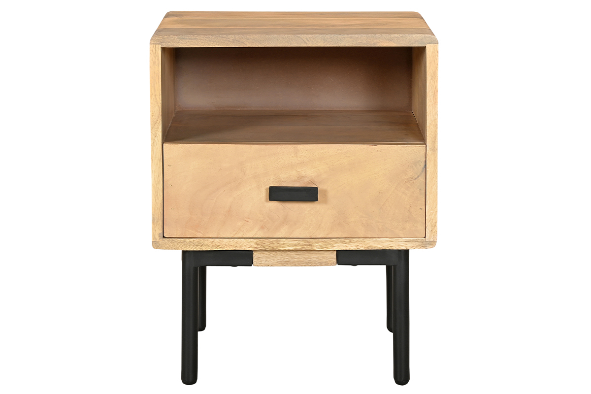 Mesilla con almacenaje de madera clara de mango macizo y metal negro 40 cm MORISSON