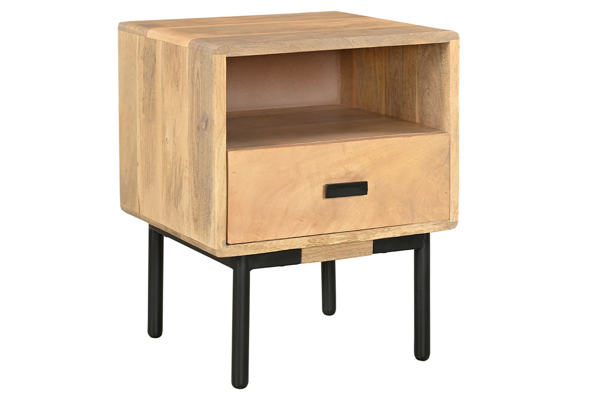 Mesilla con almacenaje de madera clara de mango macizo y metal negro 40 cm MORISSON