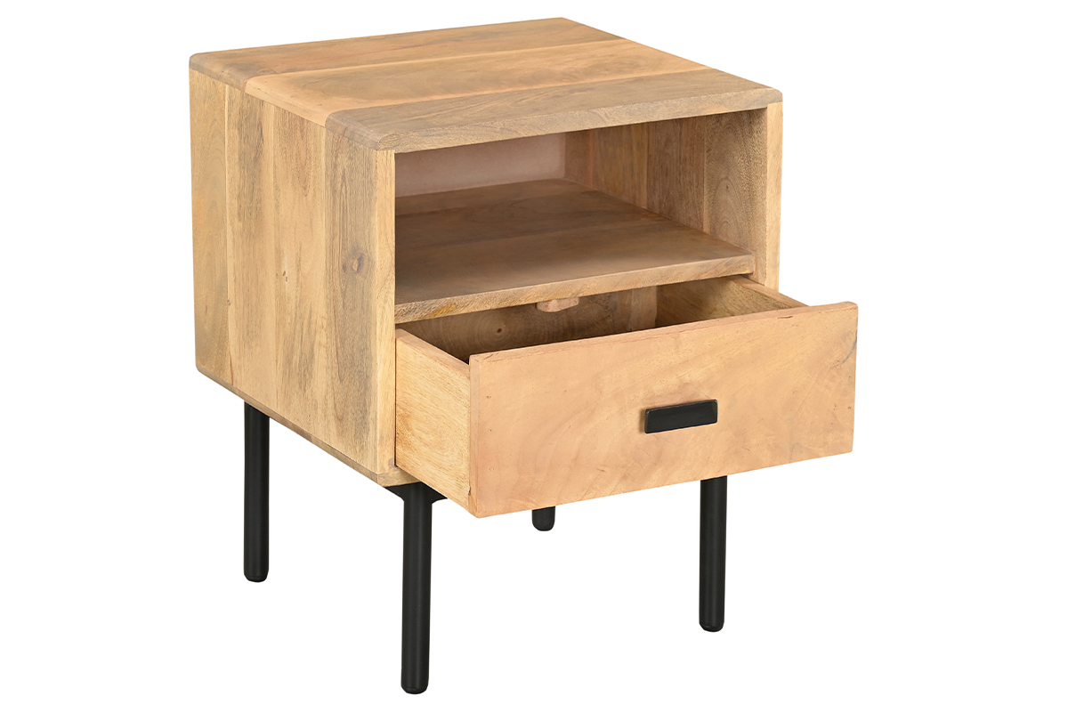 Mesilla con almacenaje de madera clara de mango macizo y metal negro 40 cm MORISSON
