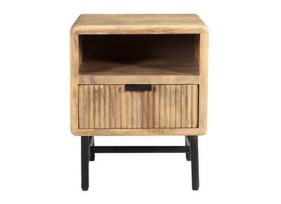 Mesilla de noche con almacenaje de madera maciza de mango y metal negro MORISSON