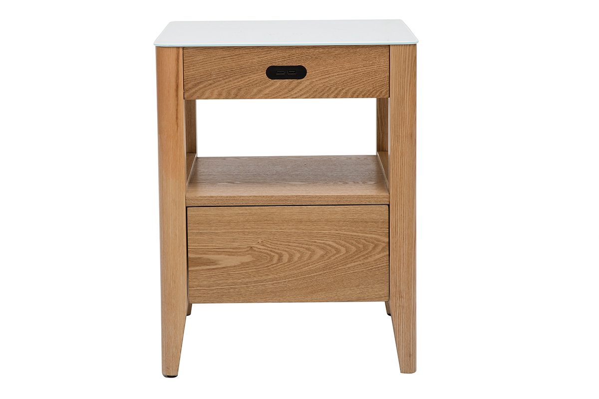Mesilla de noche con conexin multimedia, cristal templado blanco y madera clara TEMPO