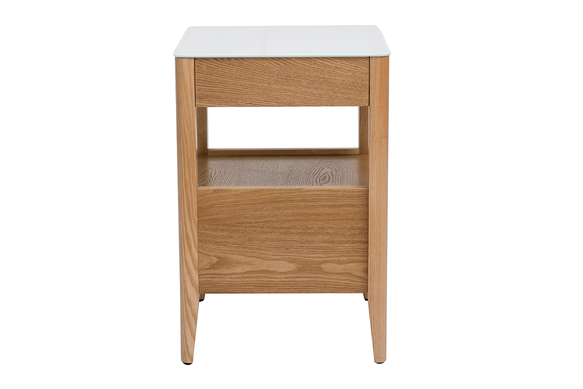 Mesilla de noche con conexin multimedia, cristal templado blanco y madera clara TEMPO