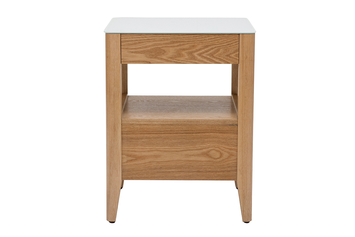 Mesilla de noche con conexin multimedia, cristal templado blanco y madera clara TEMPO