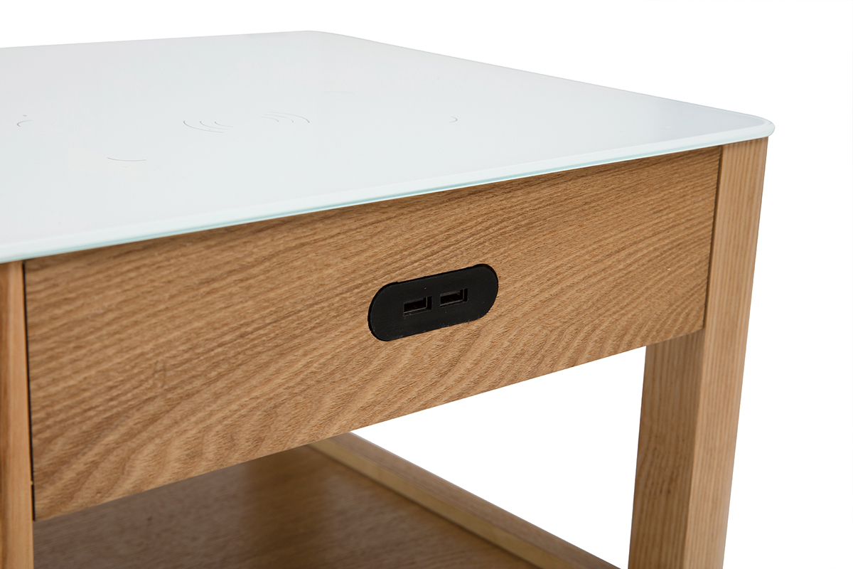 Mesilla de noche con conexin multimedia, cristal templado blanco y madera clara TEMPO