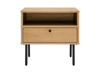 Mesilla de noche con espacio de almacenaje, acabado roble claro y patas de metal negro PERNELLE