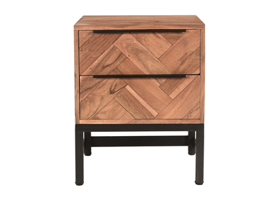 Mesilla de noche con estampado de espiga de acacia maciza y metal negro STICK