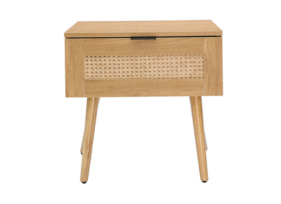 Mesilla de noche de madera clara, mimbre y metal negro MANILLE