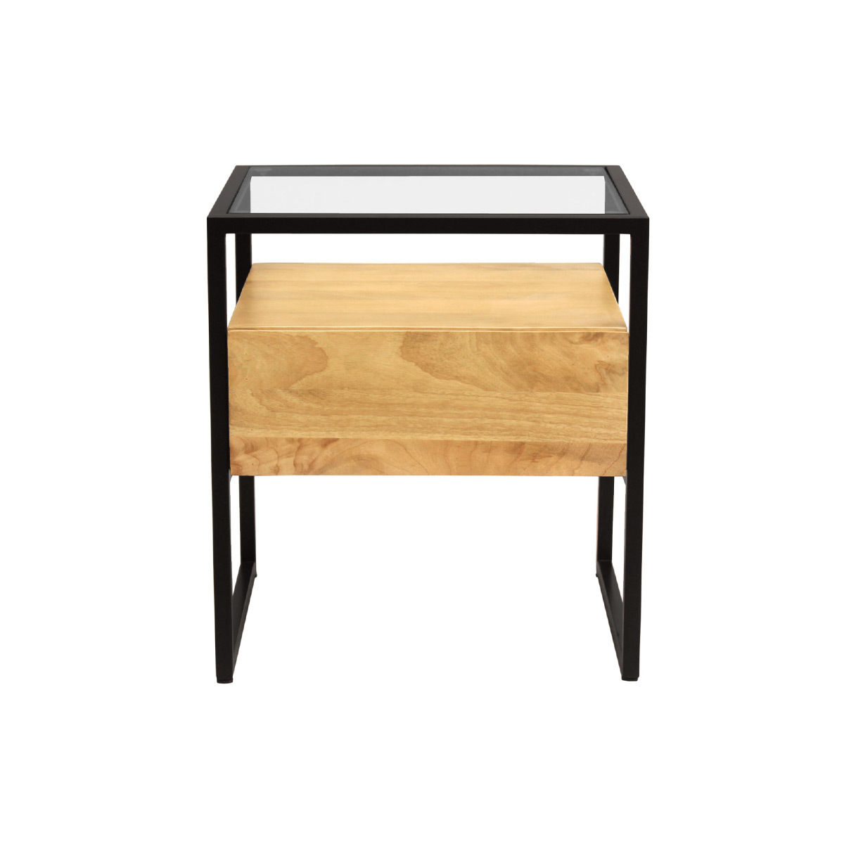 Mesilla de noche de madera maciza de mango, cristal y metal negro con cajón 50 cm DIYA