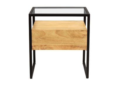 Mesilla de noche de madera maciza de mango, cristal y metal negro con cajón DIYA