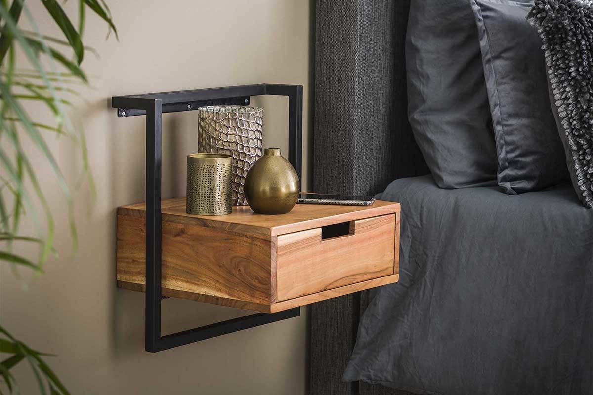 Mesilla de noche de pared acacia maciza y metal negro HALIA