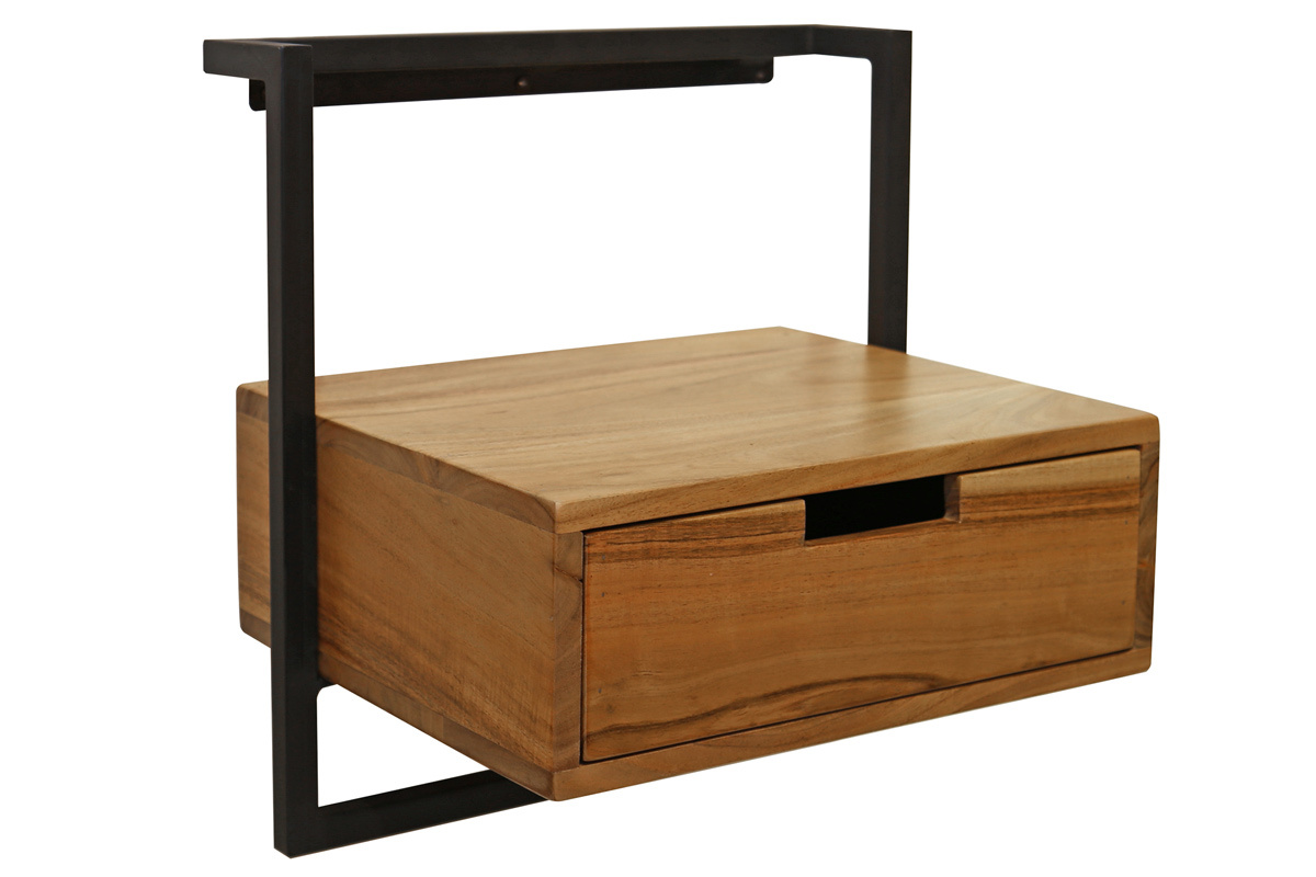 Mesilla de noche de pared acacia maciza y metal negro HALIA