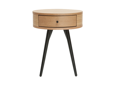 Mesilla de noche vintage redonda de madera clara y metal negro KORAL