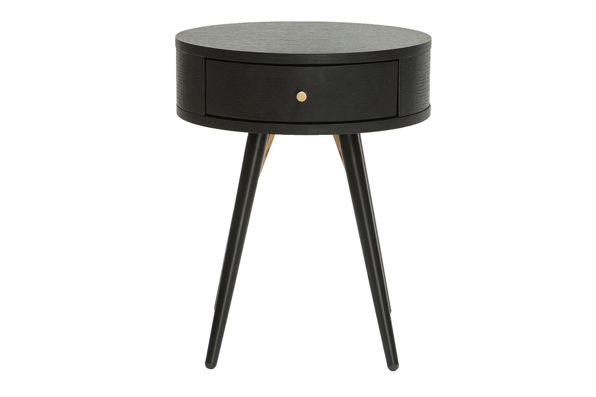 Mesilla de noche vintage redonda de madera y metal negro con detalles dorados KORAL