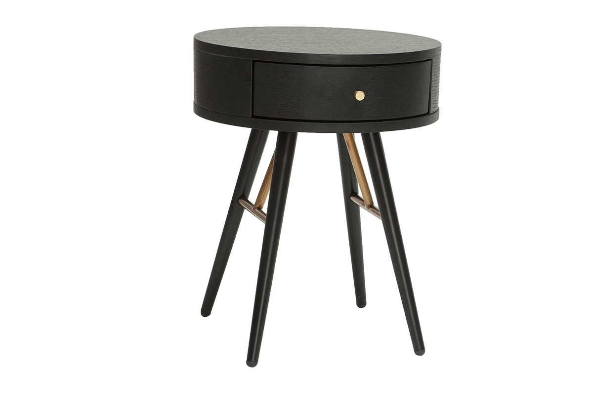 Mesilla de noche vintage redonda de madera y metal negro con detalles dorados KORAL